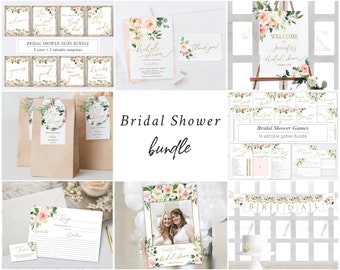 Bridal Shower Bundle, Blush Floral, Invitation Printable Template, Kit Set, Game, Dusty Rose Blush Gold Floral, Gold Calligraphy, BG25