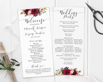 Wedding Program Printable, Editable Template Wedding Service, Marsala Burgundy Floral Watercolor, Wedding Ceremony Editable Program, MP04