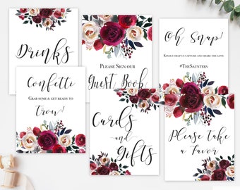 Wedding Signs Set, Printable, Editable Wedding Signage Template, Burgundy Pearl Watercolor Floral, Wedding Signs Kit, Wedding Reception MP04