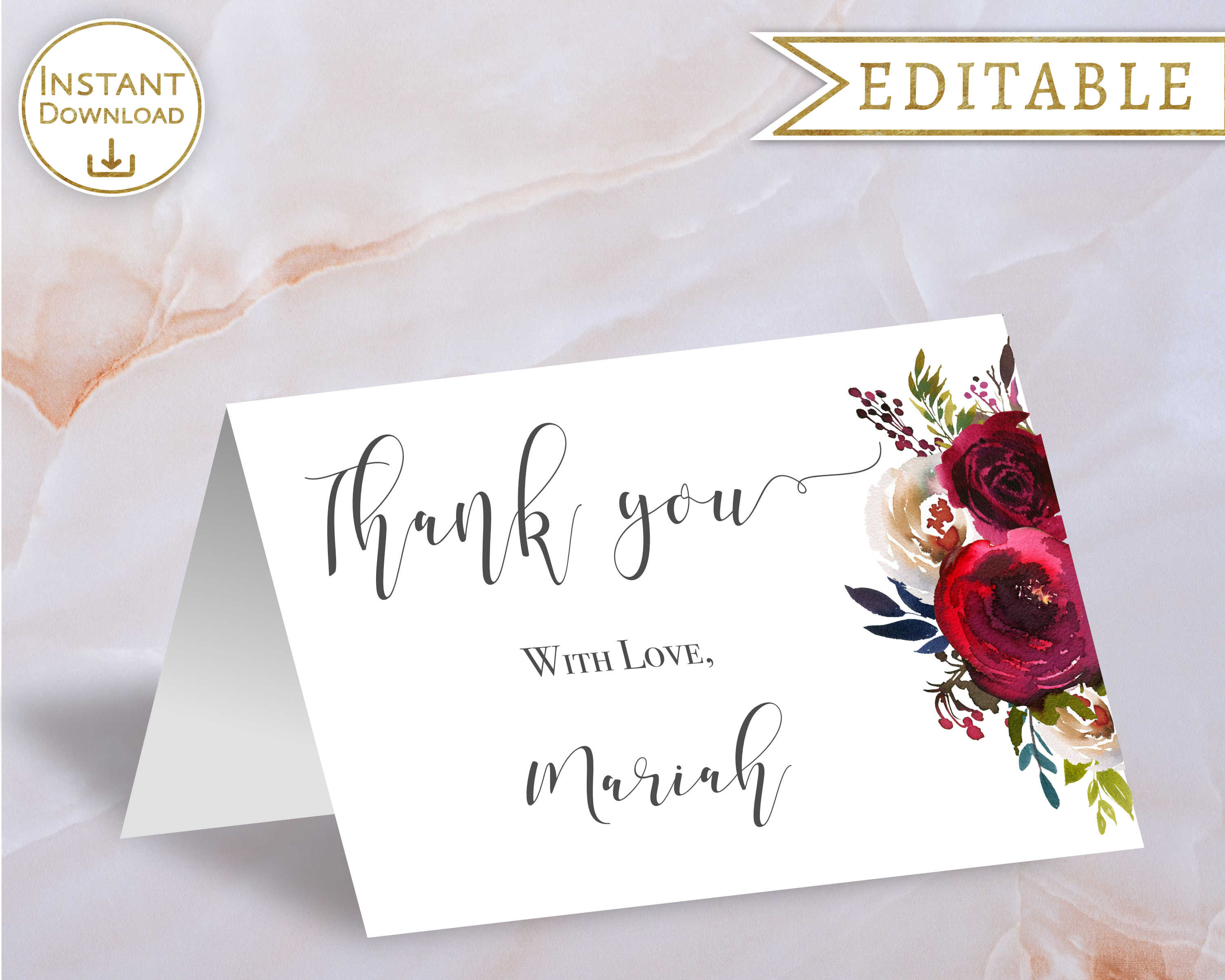 Foldable Thank You Card Printable Editable Template Burgundy Etsy Foldable Thank You Card Printable Editable Template Burgundy Etsy