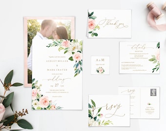 Wedding Invitation Bundle, Wedding Invitation Printable, Editable Template, Wedding Set, Dusty Blush Rustic Floral, with photo, LDS, BG25