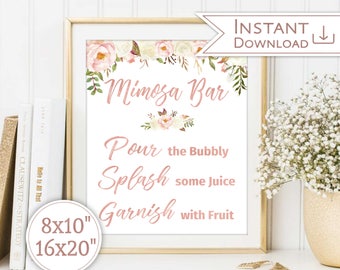 Mimosa Bar Sign Printable, Mimosa Sign, Rose Gold Blush, Ivory Flowers, Bridal Mimosa Sign, Wedding Sign Bubbly Bar, Instant Download, BBRG