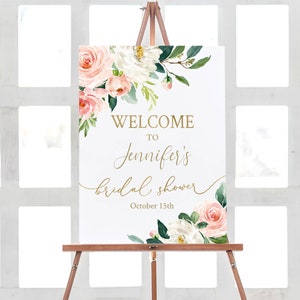 Bridal Shower Welcome Sign, Bridal Sign Printable, Rustic Blush Floral Gold, Dusty Rose, Wedding Party, Editable Template, BG25 image 1