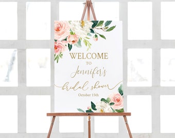 Bridal Shower Welcome Sign, Bridal Sign Printable, Rustic Blush Floral Gold, Dusty Rose, Wedding Party, Editable Template, BG25