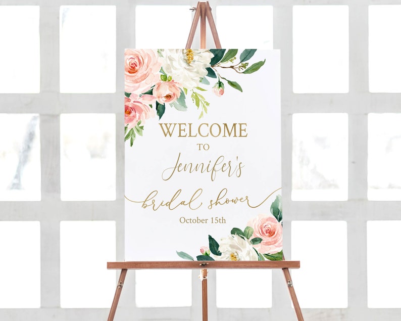 Bridal Shower Welcome Sign, Bridal Sign Printable, Rustic Blush Floral Gold, Dusty Rose, Wedding Party, Editable Template, BG25 image 1