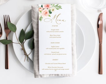 Wedding Menu Printable Template, Rustic Blush Floral Gold, Dusty Rose, Printable Menu, Editable Menu Template, Dinner Menu Printable, BG25