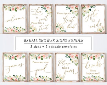 Bridal Shower Signs Set, Printable Bundle, Bridal Signage, Rustic Blush Floral Gold, Wedding Signage, Editable Template Corjl, BG25