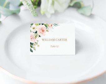 Wedding Place Cards Printable, Editable Name Card Template, Rustic Blush Floral Greenery, Table Seating Card Foldable, Table Name,  BG25