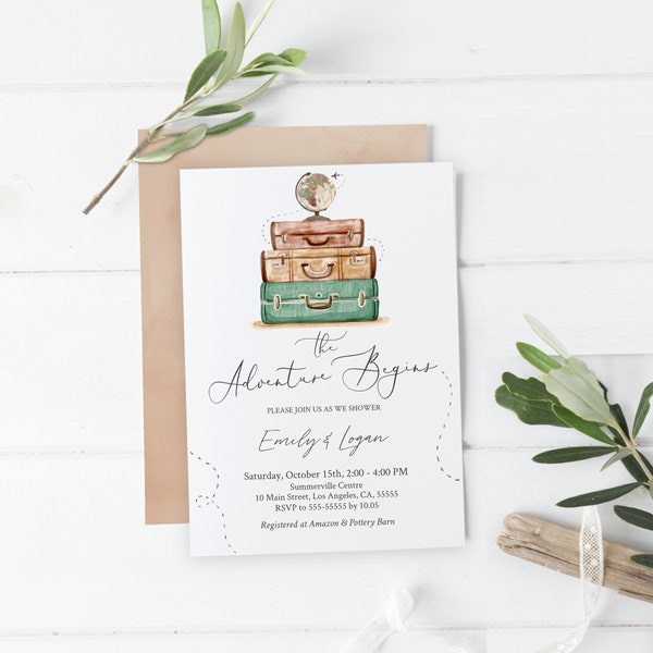 Travel Couple Shower Invitation Wedding Shower The Adventure Begins Editable Template Corjl Travel World Watercolor Bridal Shower TW2