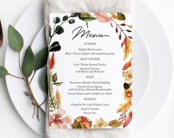 Thanksgiving Menu Printable, Template, Fall leaves, Autumn Watercolor Foliage, Printable Menu, Editable Menu, Dinner Menu