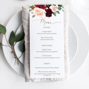Menu de douche nuptiale rouge imprimable, verdure florale de Bourgogne rustique Blush, modèle modifiable Corjl, menu du dîner, BG15