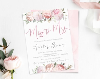 Bridal Shower Invitation Miss to Mrs Editable Bridal Shower Invite Printable Template Romantic Floral Blush Light Pink White Ivory