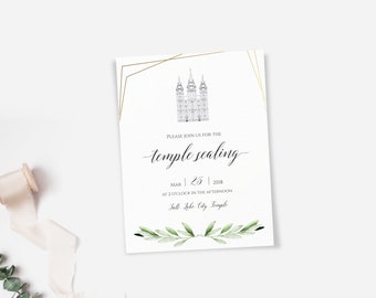 LDS Temple Sealing Insert Card, LDS Wedding Invitation, Printable Editable Template Corjl, LDS Sealing, Olive Greenery Leaves Geometric Gold