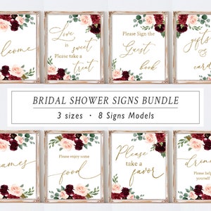 Burgundy Bridal Shower Signs Set, Printable Bundle, Bridal Signage, Maroon Blush Floral Gold, Wedding Signage, Editable Template Corjl, BG15