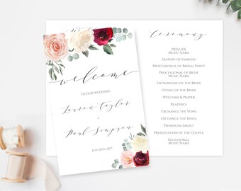 Wedding Program, Printable, Foldable Program Template, Order of Service Editable, Peach Burgundy Ivory Floral, Wedding Ceremony Program