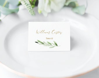 Place Cards Printable, Template Name Card, Olive Greenery Foliage Leaves Watercolor, Gold Calligraphy, Editable Seating Card Template, BG032