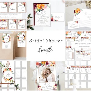 Fall Bridal Shower Bundle Autumn Invitation Printable Template Kit Set Games Burnt Blush Burgundy Floral Maroon FF02