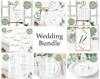 Wedding Bundle, Save Big, Olive Greenery Leaves Foliage Gold, Wedding Invitation Suite, Program Menu Card, Seating Chart Plan, LDS Wedding