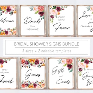 Fall Bridal Shower Signs Set, Printable Bundle, Bridal Signage, Burgundy Blush Mustard Floral, Wedding Signage, Editable Template, FF02