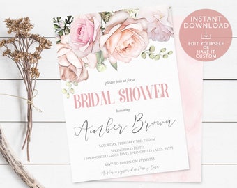 Bridal Shower Invitation Editable PDF Template Romantic Blush Light Pink White Ivory Watercolor Flowers Instant Download Printable invite