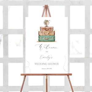 Cartello di benvenuto per addio al nubilato da viaggio Cartello da sposa stampabile L'avventura inizia Modello modificabile in acquerello per il mondo dei viaggi Corjl TW2
