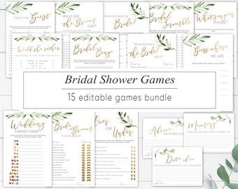 Bridal Shower Games Set, Bridal Games Bundle, Wedding Party Games Printable, Olive Greenery Leaves Foliage Gold, Games Kit, BG032