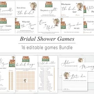 Bruiloftsdouche Spelletjes Douche voor koppels Bruidsdouche Spelletjes Afdrukbare bundel Het avontuur begint Reiswereld Waterverf TW2