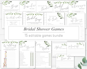 Bridal Shower Games Set, Bridal Games Bundle, Wedding Party Games Printable, Olive Greenery Grey Leaves Foliage, Games Kit, BG031