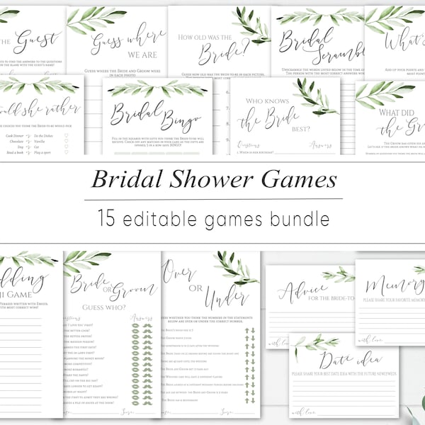 Bridal Shower Games Set, Bridal Games Bundle, Wedding Party Games Printable, Olive Greenery Grey Leaves Foliage, Games Kit, BG031