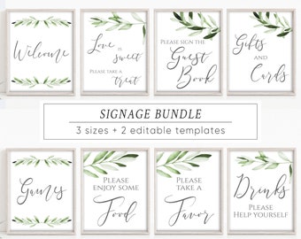 Bridal Shower Signs Set, Printable Signage, Olive Greenery Leaves Foliage, Minimalist, Wedding Signs, Editable Template BG031