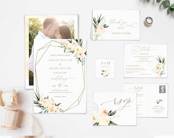 Wedding Invitation Set, Wedding Invitation Template Corjl, Kit Printable, Bundle, Blush Cream Floral, with photo, LDS Wedding, BC02