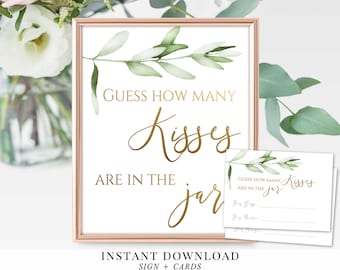 Guess How Many Kisses, Kisses in the Jar Game, Sign + Cards, Bridal Shower Game Printable, Olive Greenery Leaves Foliage Gold, BG032