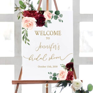 Bridal Shower Welcome Sign, Bridal Sign Printable, Rustic Burgundy Blush Gold, Dusty Rose Maroon, Bridal Party, Editable Template Corjl BG15