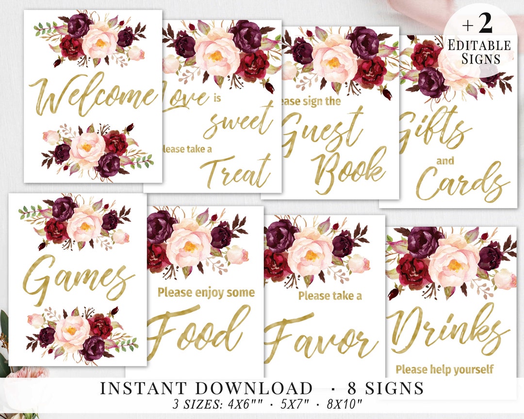 Bridal Shower Signs, Set Printable, Signage Bridal Party, Blush Marsala ...