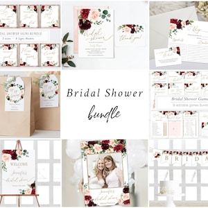 Bridal Shower Bundle, Blush Floral, Invitation Printable Template, Kit Set, Game, Rustic Burgundy Blush Gold, Dusty Rose Maroon, BG15