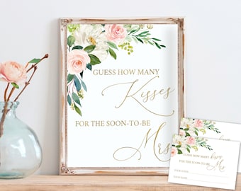 Guess How Many Kisses Game, Kisses in the Jar, Sign + Cards Printable, Bridal Shower Game, Eternal Dusty Blush Gold Floral, BG25