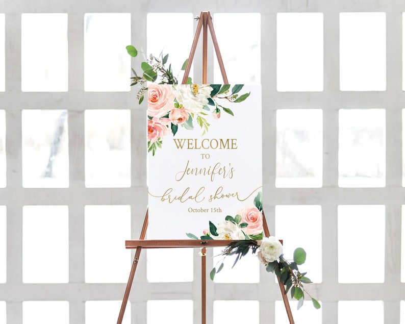 Bridal Shower Welcome Sign, Bridal Sign Printable, Rustic Blush Floral Gold, Dusty Rose, Wedding Party, Editable Template, BG25 image 5