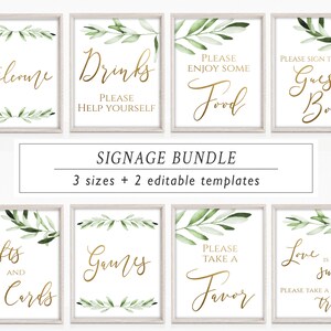 Bridal Shower Signs Set, Printable, Bundle, Bridal Signage, Gold, Olive Greenery Foliage Leaves, Wedding Signs, Editable Template, BG032