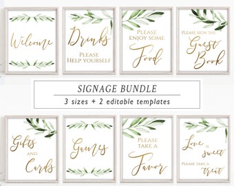 Bridal Shower Signs Set, Printable, Bundle, Bridal Signage, Gold, Olive Greenery Foliage Leaves, Wedding Signs, Editable Template, BG032