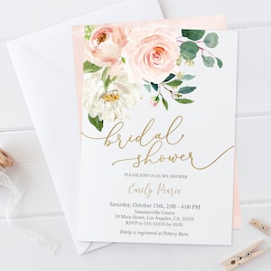 Bridal Shower Invitation, Printable Template Corjl, Bridal Shower Invite, Dusty Rose Blush Gold Floral, Gold Calligraphy, BG25