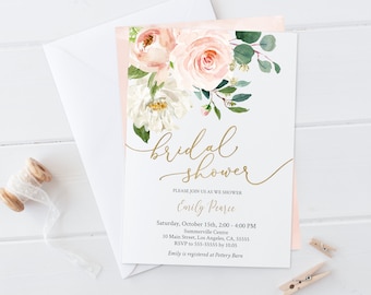 Bridal Shower Invitation, Printable Template Corjl, Bridal Shower Invite, Dusty Rose Blush Gold Floral, Gold Calligraphy, BG25