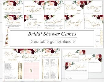 Bridal Shower Games Set, Bridal Games Kit Printable, Bridal Shower Games Bundle, Rustic Burgundy Blush Gold, Dusty Rose Maroon, BG15