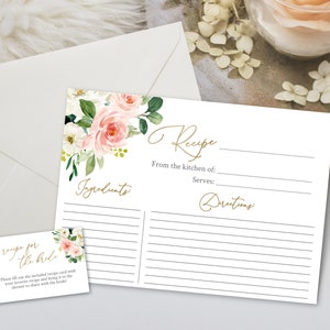 Bridal Shower Recipe Card, Recipe Card Printable, Rustic Blush Floral Greenery, Dusty Rose, Gold Calligraphy, BG25
