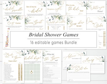 Bridal Shower Games, Bridal Shower Games Printable, Bridal Shower Games Bundle, Greenery Eucalyptus Leaves Foliage, Gold Calligraphy, EG12