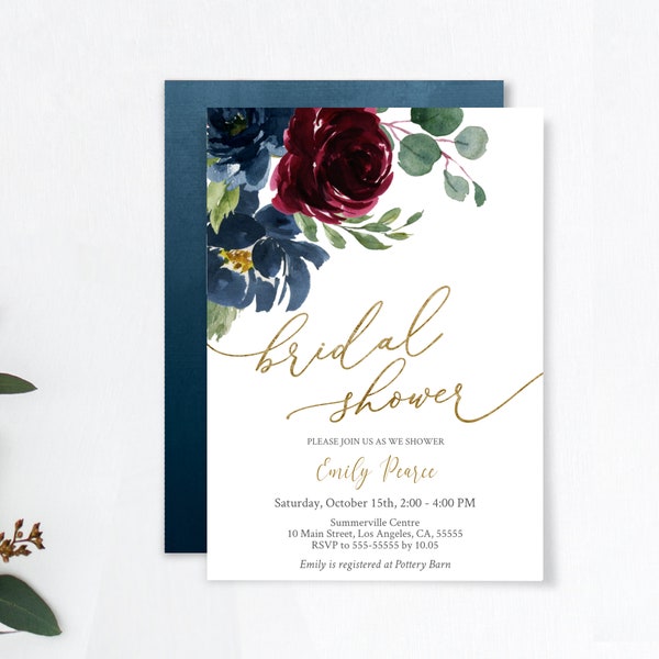 Bridal Shower Invitation, Bridal Shower Invitation, Printable, Navy Burgundy Gold Flowers, Editable Template, NBB4