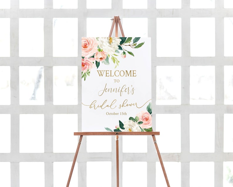 Bridal Shower Welcome Sign, Bridal Sign Printable, Rustic Blush Floral Gold, Dusty Rose, Wedding Party, Editable Template, BG25 image 2