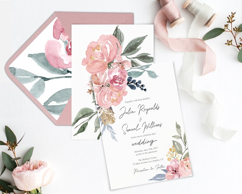 Paquete de invitación de boda malva, plantilla editable imprimible Corjl, kit de conjunto, floral de acuarela desnuda verde, con foto, boda SUD, MN12 imagen 4