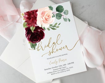 Bridal Shower Invitation, Printable, Rustic Burgundy Blush Gold, Dusty Rose Maroon, Editable Template Corjl, BG15