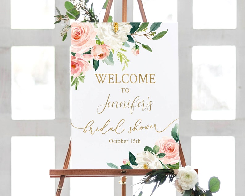 Bridal Shower Welcome Sign, Bridal Sign Printable, Rustic Blush Floral Gold, Dusty Rose, Wedding Party, Editable Template, BG25 image 4