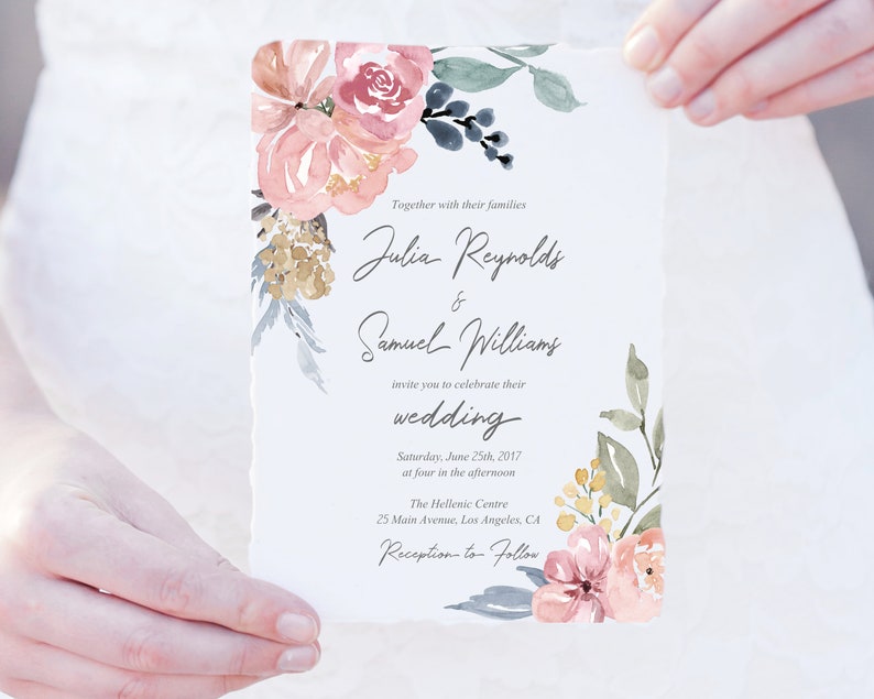 Paquete de invitación de boda malva, plantilla editable imprimible Corjl, kit de conjunto, floral de acuarela desnuda verde, con foto, boda SUD, MN12 imagen 2